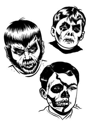 Illustration of three boys' heads in costume: a werewolf, a zombie, and a skull.