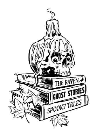 An illustration of a skull with eyeballs and a burning candle on it's pate atop three spooky books.