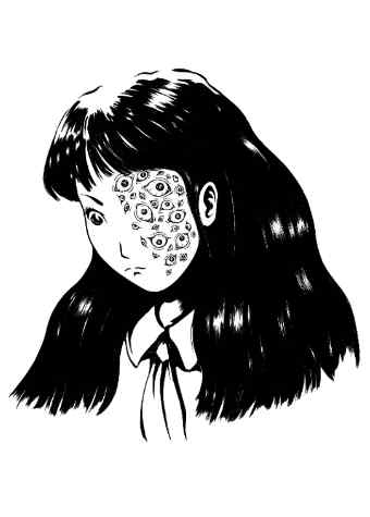 A drawing of a girl with long black hair with scores of eyeballs of different sizes and angles over one half of her face.