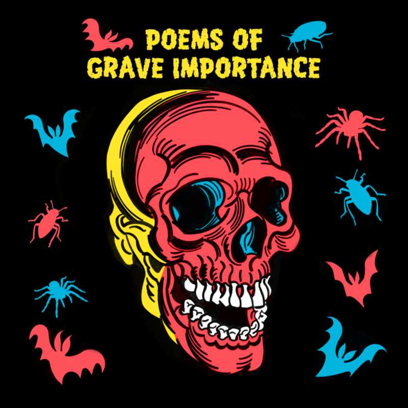 A neon red, blue, and yellow skull surrounded by red and blue bats, bugs, and spiders.