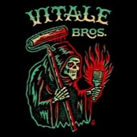 A colorful logo design for Vitale Bros. of a reaper holding a paint rolled and flaming paint brush.