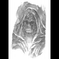 A pen and ink drawing of a dark-eyed monster in robes with flowing long hair and enormous teeth.