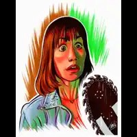 A colorful painting of Caroline Williams as Stretch with a chainsaw threatening her.