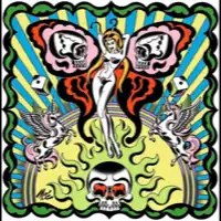 A brightly-colored graphic of a shapely lady with butterfly wings surroudned by skulls and unicorns.