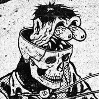 A black and white drawing of a googly-eyed brain popping out of a skull-faced person.
