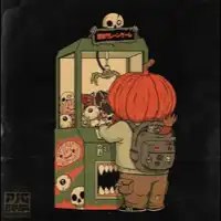A green, orange, and black illustration of a pumpkin-headed child playing a monster claw game.